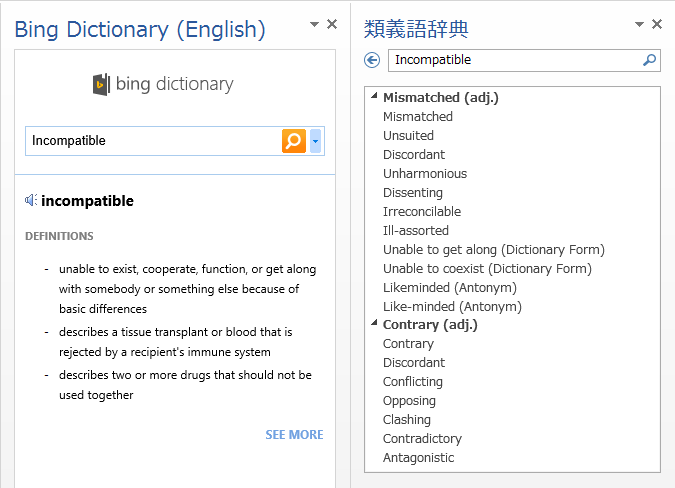 Bing Dictionary と類義語辞典